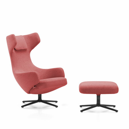Vitra Chefsessel 'Repos' mit Ottoman im Stoff Dumet Zartrosé / Koralle, Basic dark pulverbeschichtet, 45 cm