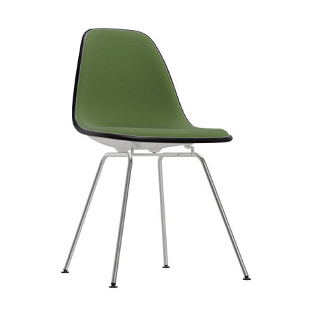 Vitra Eames Plastic Side Chair DSX mit Vollpolster / Filzgleiter basic dark für Hartboden 05 / Keder basic dark 01 04 Weiss, Wiesengrün-Forest 70 - Hopsak, Glanzchrom 01