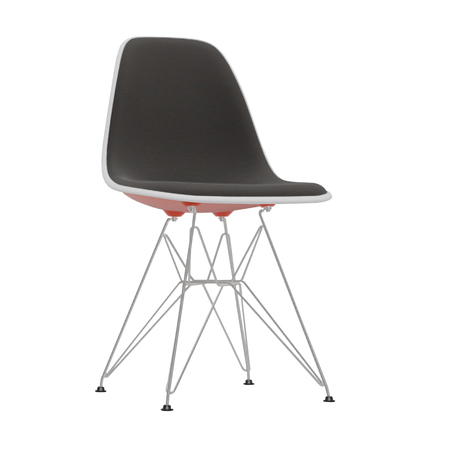Vitra Eames Plastic Side Chair DSR mit Vollpolster / Filzgleiter basic dark für Hartboden / Keder weiss 04 12 Tiefschwarz, Dunkelgrau 05 - Hopsak, Basic Dark 30 pulverbeschichtet (glatt)