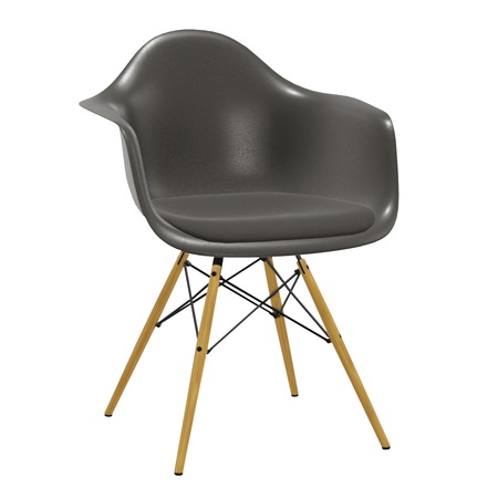 Vitra Eames Fiberglass Armchair 'DAW' mit Sitzpolster, schwarze Filzgleiter Holzuntergestell Ahorn gelblich / 02, Petrol moorbraun 73, 04 Elephant Hide Grey