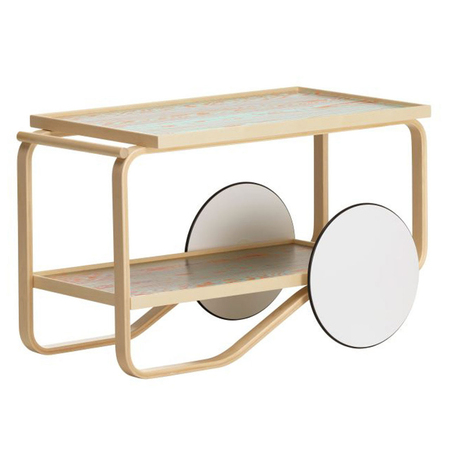 Artek Trolley 901 von 'Artek' Gestell Natur lackiert, Räder weiss, Rot/Türkis