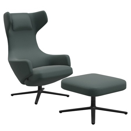 Vitra Chefsessel 'Repos' mit Ottoman im Stoff Dumet Elfenbein melange, Aluminium poliert, 45 cm