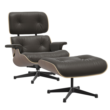Vitra Lounge Chair & Ottoman / neue Masse / Filzgleiter für harte Boden Nussbaum schwarz pigmentiert 45, Braun 77 - Leder Premium F, Aluminium poliert 03 / Tiefschwarz 12 pulverbeschichtet (glatt)
