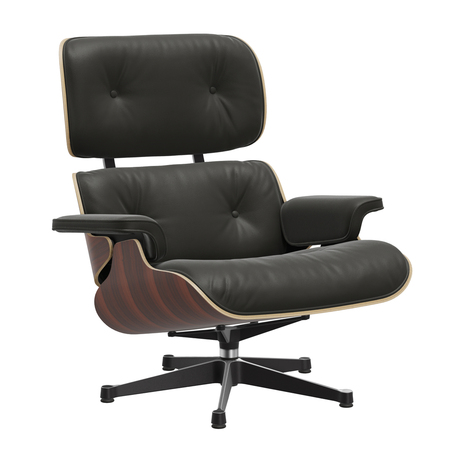 Vitra Lounge Chair / neue Masse / Filzgleiter für harte Boden Santos Palisander 05, Nero 66 - Leder Premium F, Aluminium poliert 03 / Tiefschwarz 12 pulverbeschichtet (glatt)