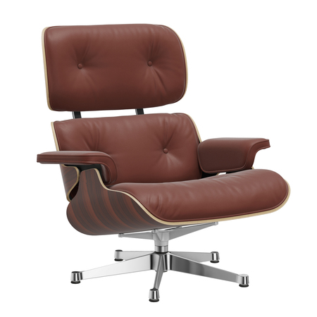 Vitra Lounge Chair / neue Masse / Filzgleiter für harte Boden Santos Palisander 05, Brandy 93 - Leder Premium F, Aluminium poliert 03