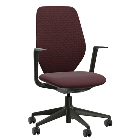 Vitra ACX Soft mit Gestell in Deep Black 12 und Lumbalstütze Dunkelrot 03 - Quilted Knit / Grid Knit, Rolle hart gebremst für Teppichboden 02, Fixe Armlehnen