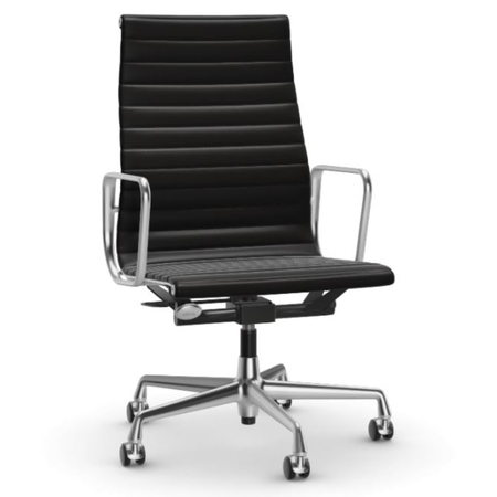 Vitra Aluminium Chair EA 119 Nero 66 - Leather, Bright chrome 01, Roller soft braked for hard floor 03