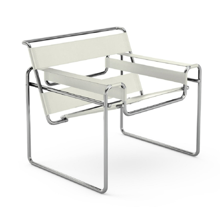 Sessel Rahmen verchromt - mit Armlehne 'Wassily' von Knoll International - Rindkernleder cremeweiß