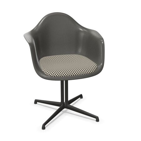 Vitra Eames Fiberglas Armchair DAL mit Sitzpolster von Vitra 06 Raw Umber, Nero-Elfenbein 23 - Hopsak, Aluminium poliert 03, Gleiter basic dark für Teppichboden 04