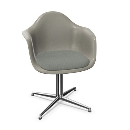 Vitra Eames Fiberglas Armchair DAL mit Sitzpolster von Vitra 06 Raw Umber, Nero-Elfenbein 23 - Hopsak, Aluminium poliert 03, Gleiter basic dark für Teppichboden 04