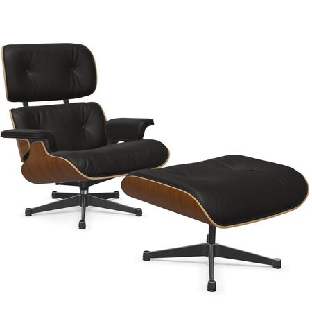 Vitra Lounge Chair & Ottoman / neues Furnier / Leder / Filzgleiter für harte Boden Nussbaum natur lackiert 31, Chocolate 68 - Leder Natural F, Aluminium poliert 03 / Tiefschwarz 12 pulverbeschichtet (glatt), Neue Masse