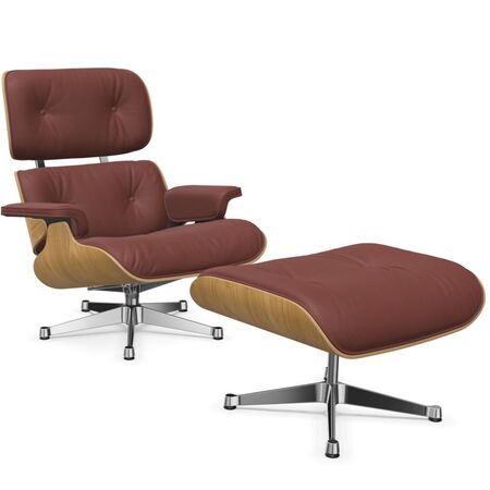 Vitra Lounge Chair & Ottoman / neues Furnier / Leder / Filzgleiter für harte Boden Kastanie natur lackiert 26, Brandy 93 - Leder Premium F, Aluminium poliert 03, Klassische Masse