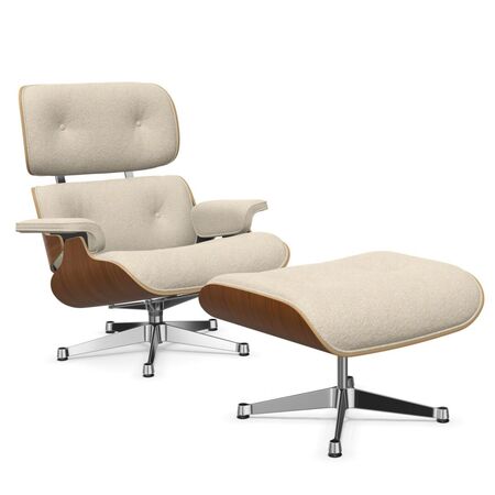Vitra Lounge Chair & Ottoman / neues Furnier / Stoff / Filzgleiter für harte Boden Nussbaum natur lackiert 31, Crème-Perle 02 - Nubia, Aluminium poliert 03, Klassische Masse