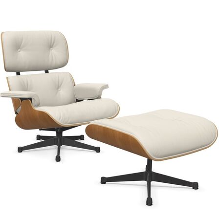 Vitra Lounge Chair & Ottoman / neues Furnier / Leder / Filzgleiter für harte Boden Nussbaum natur lackiert 31, Chocolate 68 - Leder Natural F, Aluminium poliert 03 / Tiefschwarz 12 pulverbeschichtet (glatt), Neue Masse